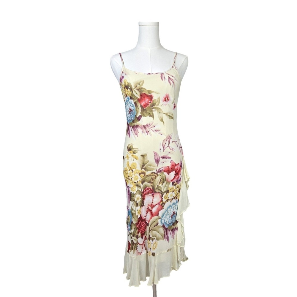 Majick Vintage Y2K 90s Floral Beaded Ruffle Hem Midi Dress Fairy Butter Yellow S